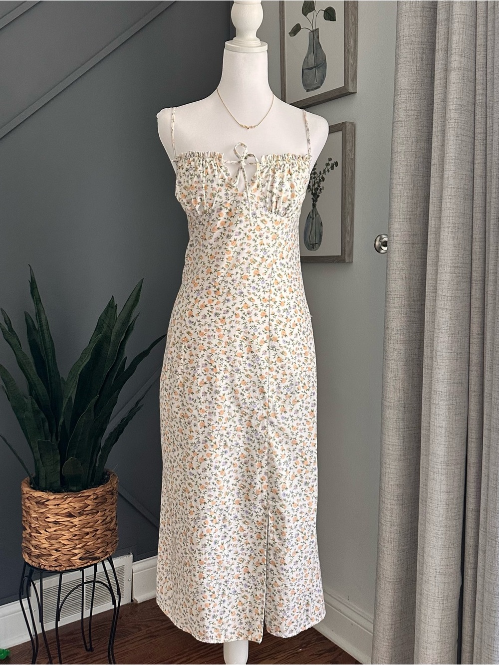 Coquette Floral Smocked Tie-Front Midi Dress in Cream with slit in front